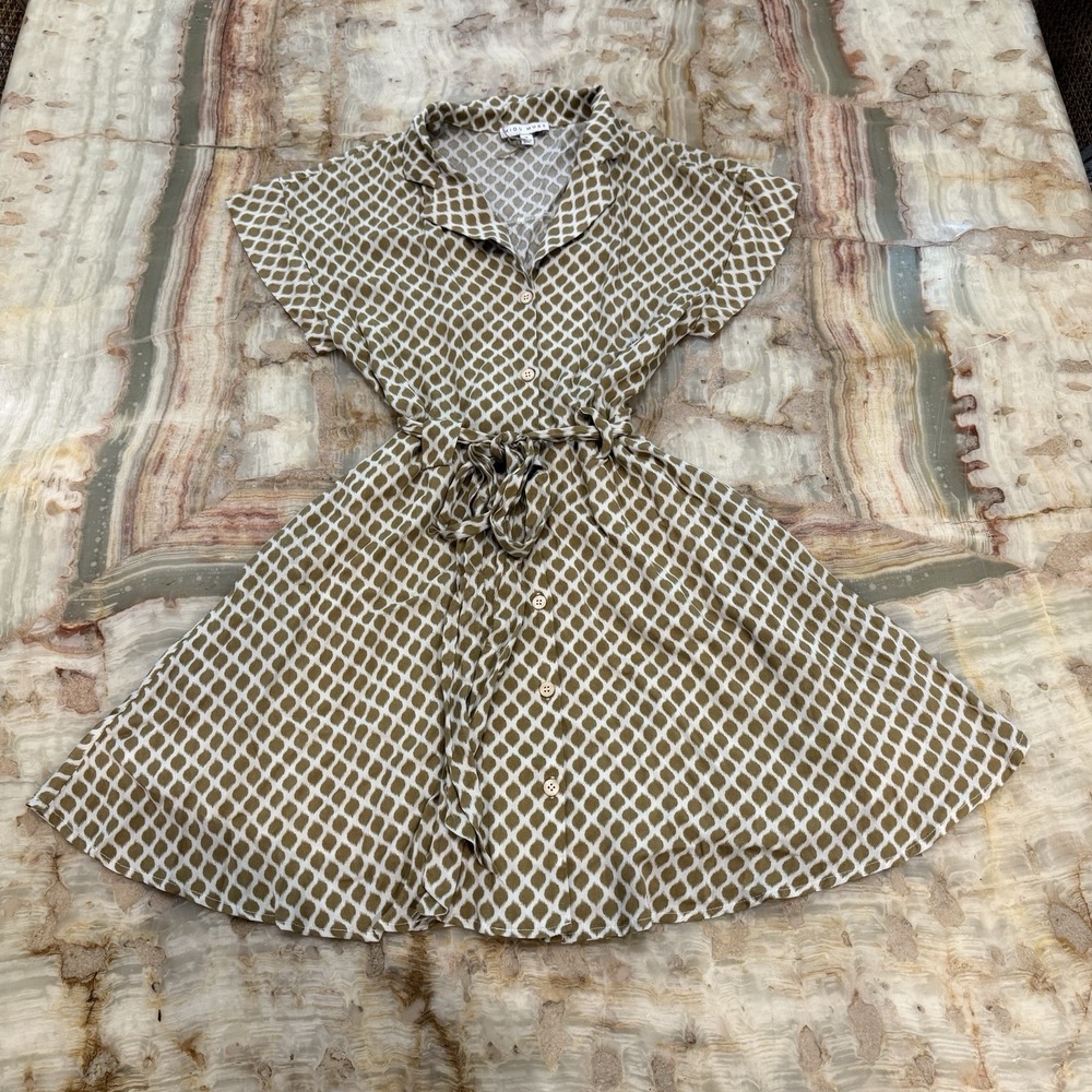 MIOU MUSE Womens Shirt Dress Olive White Geometric Print Tie Waist Size S
